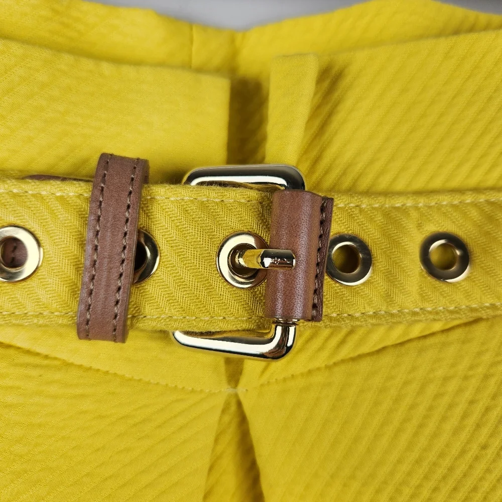 Vintage 90s Moschino Yellow Textured A Line Belted Skirt Leather Trim - Picture 3 of 7